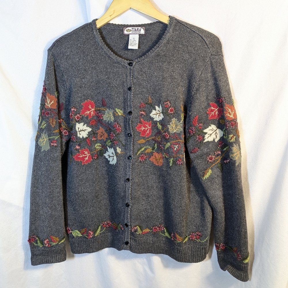 Tiara International Womens Gray Embroidered Leaf Cardigan Sweater Cottagecore‎ L